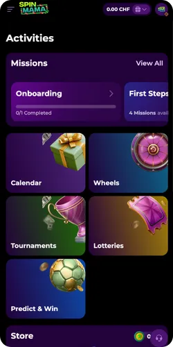 Spinmama casino Home Screen