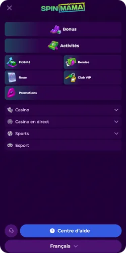 Spinmama casino menu