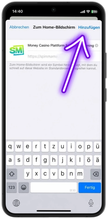 Spinmama app zum Home-Bildschirm hinzufügen – Schritt mit Hinzufügen-Button oben rechts