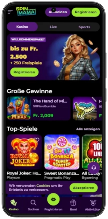 Spinmama app Kasino Startseite mit Willkommenspaket bis Fr. 2.500 und Top-Spielen