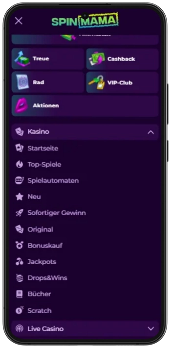 Spinmama app mobiles Kasino-Menü mit Spielkategorien und Aktionen