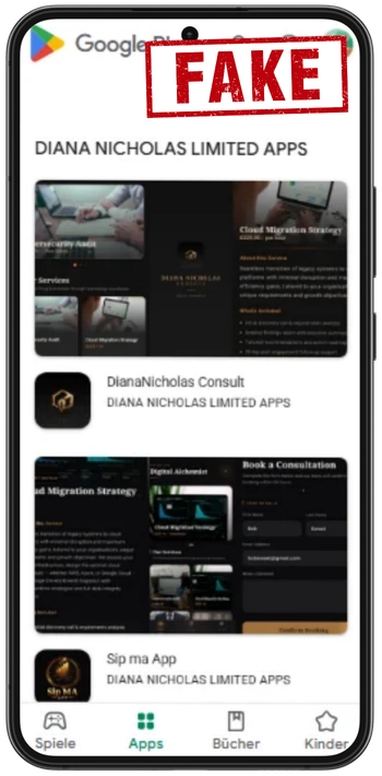 Spinmama app Warnung vor gefälschtem Entwickler Diana Nicholas Limited Apps im Google Play