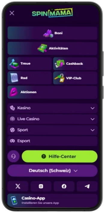 Spinmama app mobiles Menü mit Kasino, Live Casino, Sport und Hilfe-Center auf Deutsch Schweiz