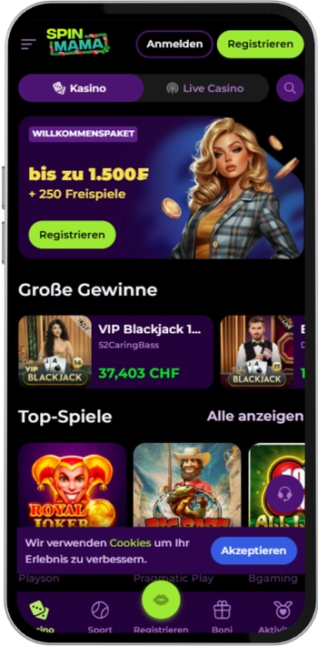 Spinmama offizielle Website im mobilen Browser aufrufen