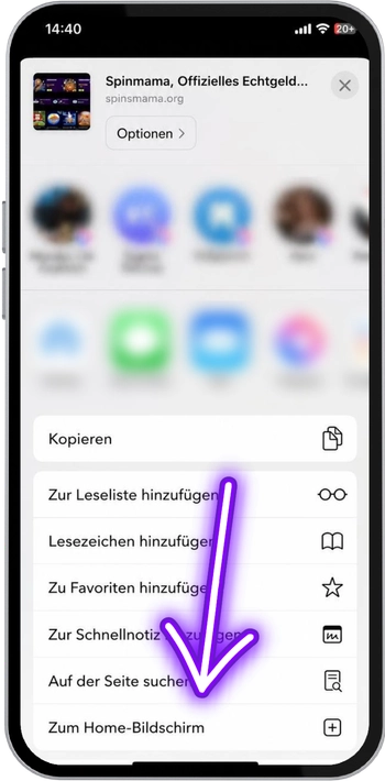 Spinmama Teilen-Menü im mobilen Browser öffnen